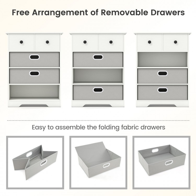 4-drawer modern chest storage organizer in white with removable fabric drawers and open shelves for versatile storage.
