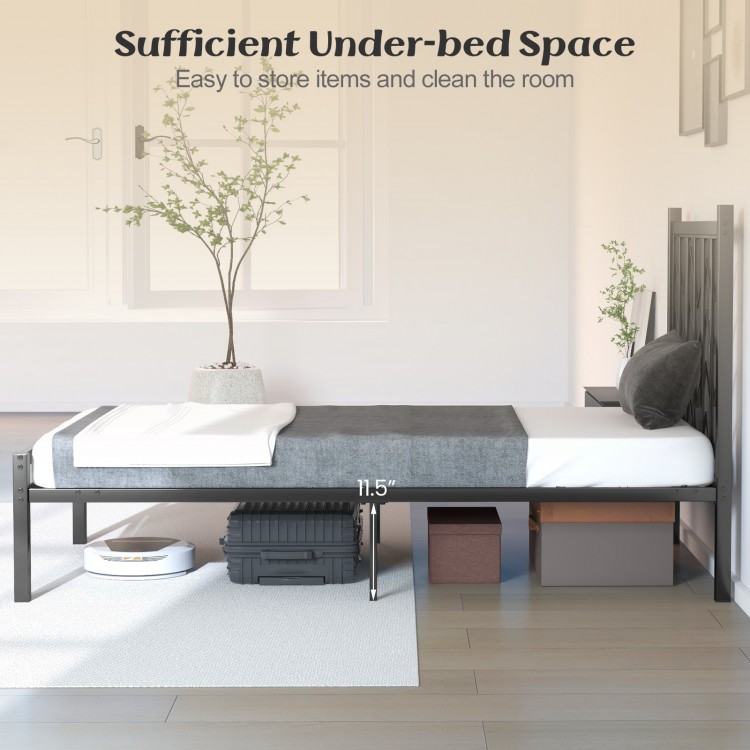 Twin size platform bed with headboard, featuring under-bed storage space for easy organization and room cleaning.