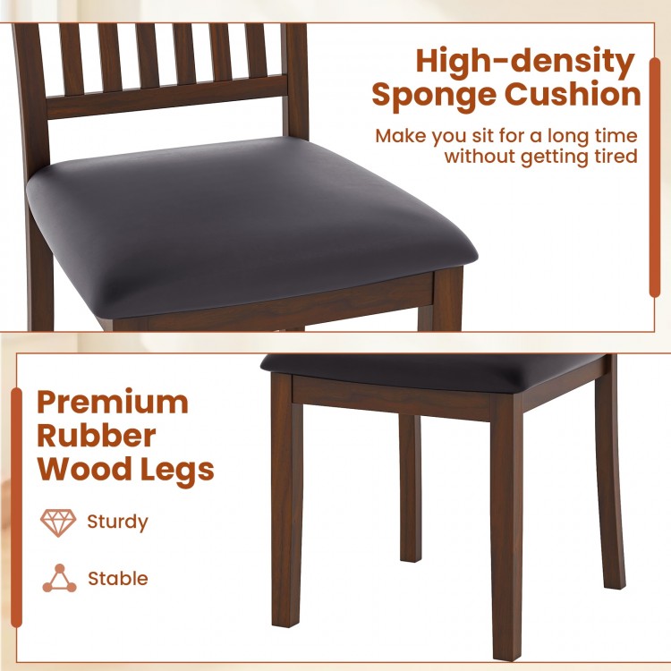 Upholstered dining chair set featuring a slanted high backrest and sturdy rubber wood legs for stable seating.