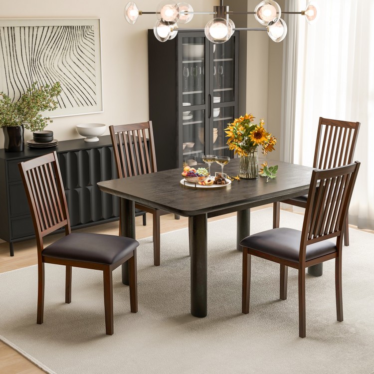 Upholstered modern dining chair set of 2 with slanted high backrest in brown, showcasing a breathable slatted design.
