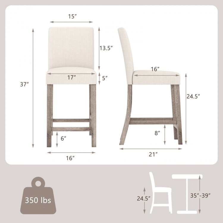 Beige counter height bar stool set of 2 with backrest, footrest, and solid rubber wood frame for comfortable seating.