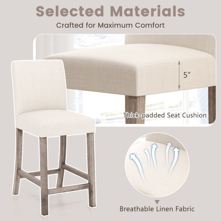 Counter height bar stool with a 5" thick-padded seat cushion in beige, featuring a breathable linen fabric for comfort.
