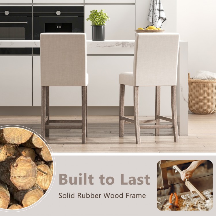 Counter height bar stools set of 2 in beige with solid rubber wood frame and padded seat for comfort and support.