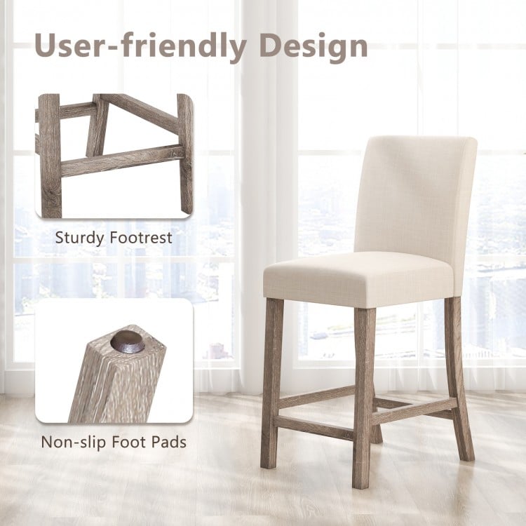 Counter height bar stool with beige linen fabric, sturdy rubber wood frame, and non-slip foot pads for stability.