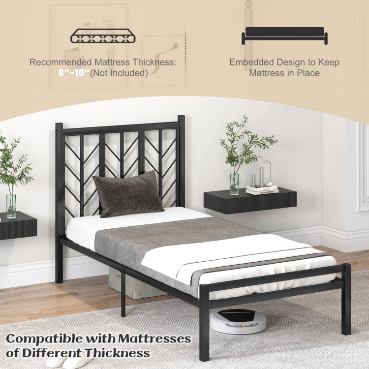 Twin size platform bed with headboard, powder-coated metal frame, compatible with various mattress thicknesses.