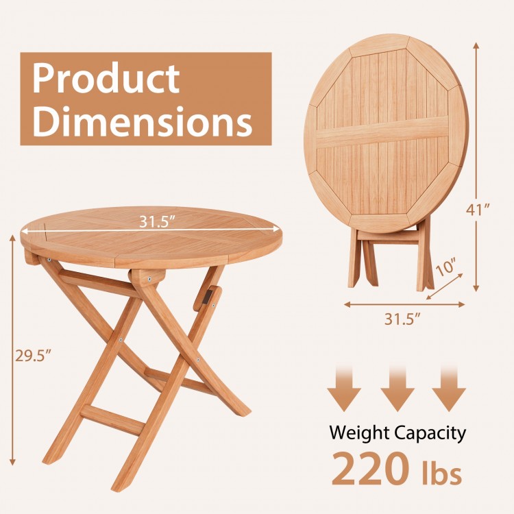 Round folding table dimensions with teak wood finish, 220 lbs capacity, ideal for outdoor bistro set in backyard.