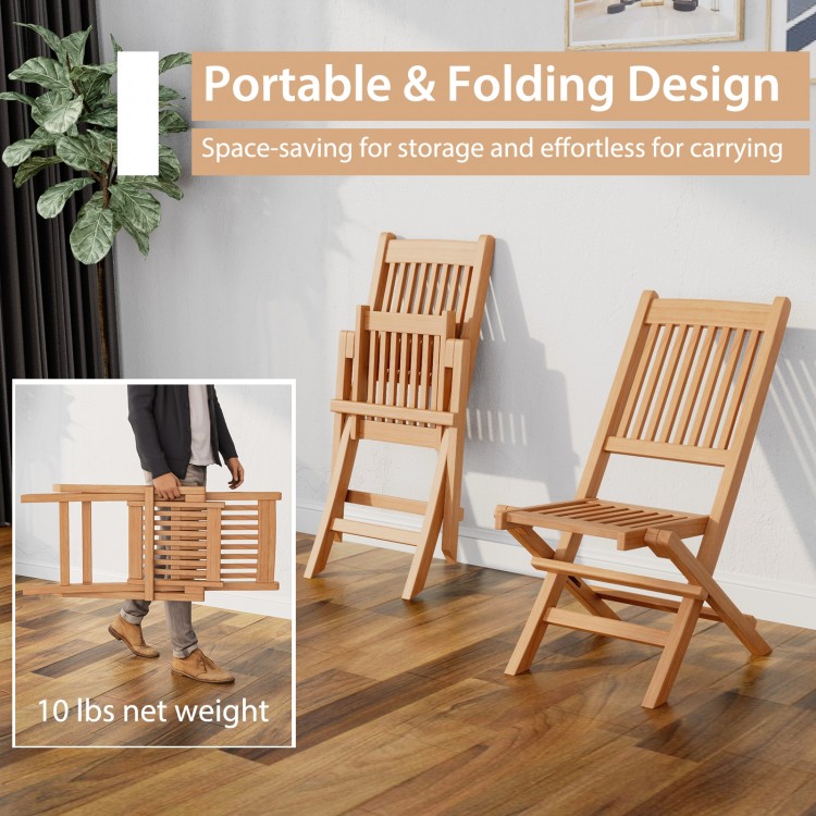 Folding outdoor bistro set made of premium teak wood, featuring slatted seats, ideal for backyard and poolside use.