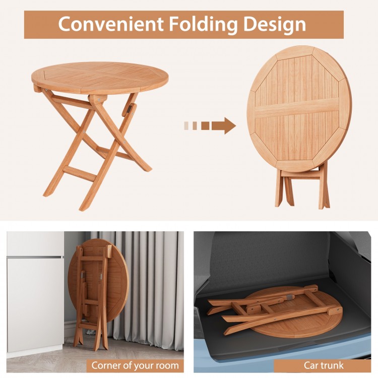 Folding outdoor bistro table made of premium teak wood, showcasing its space-saving design for easy storage and.