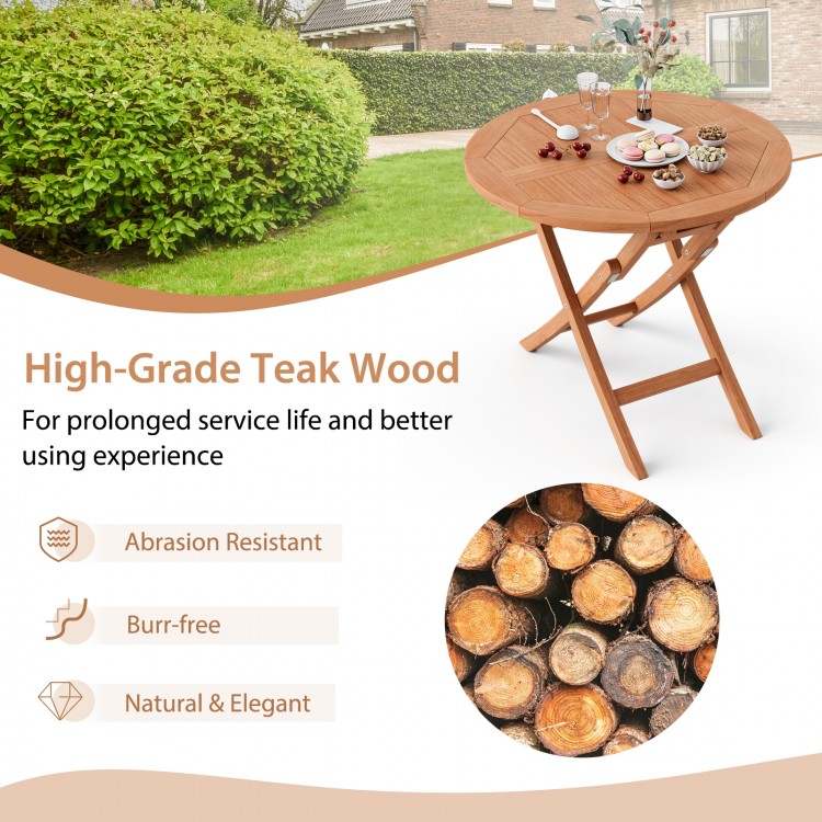 Outdoor bistro set featuring a folding teak wood table and slatted seats, perfect for backyard or poolside use.