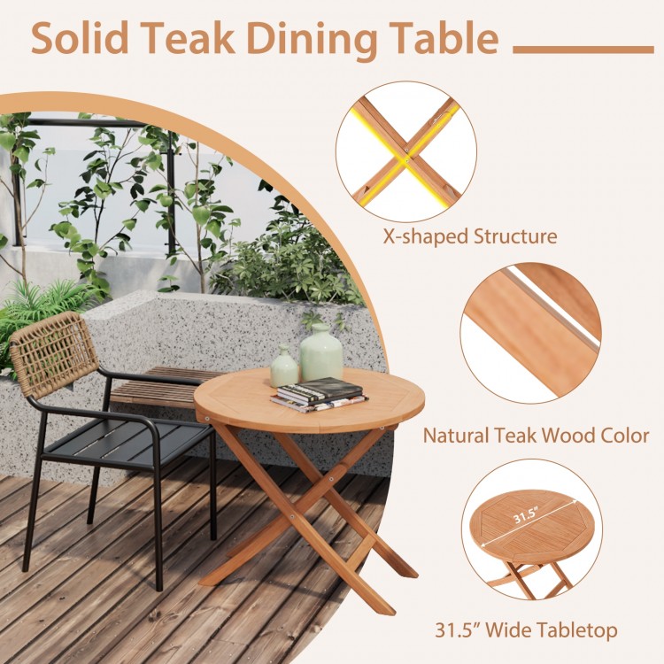 Round teak dining table with X-shaped structure, 31.5" wide, perfect for outdoor bistro set in backyard or poolside.