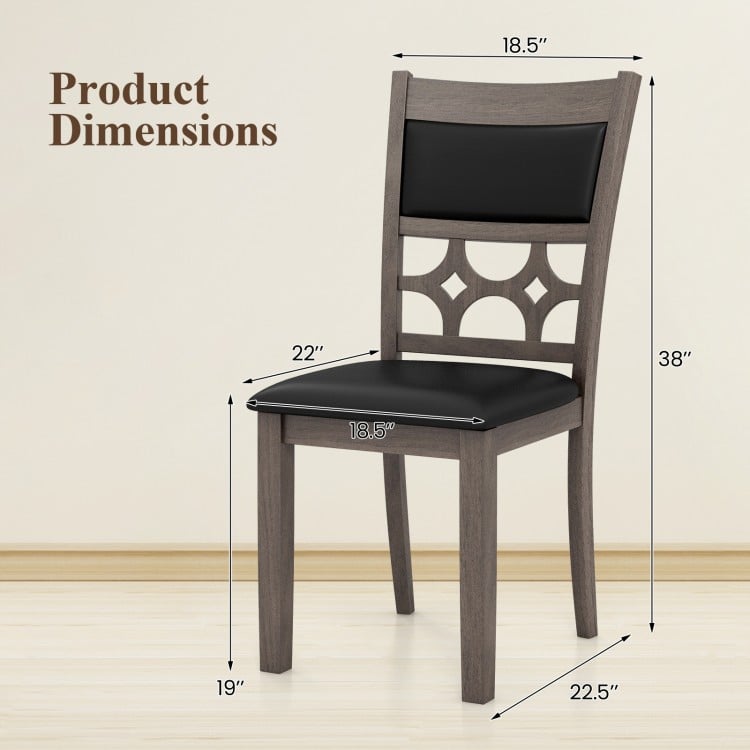 Upholstered dining chair with padded backrest in gray, showcasing dimensions for optimal fit in dining room or kitchen.
