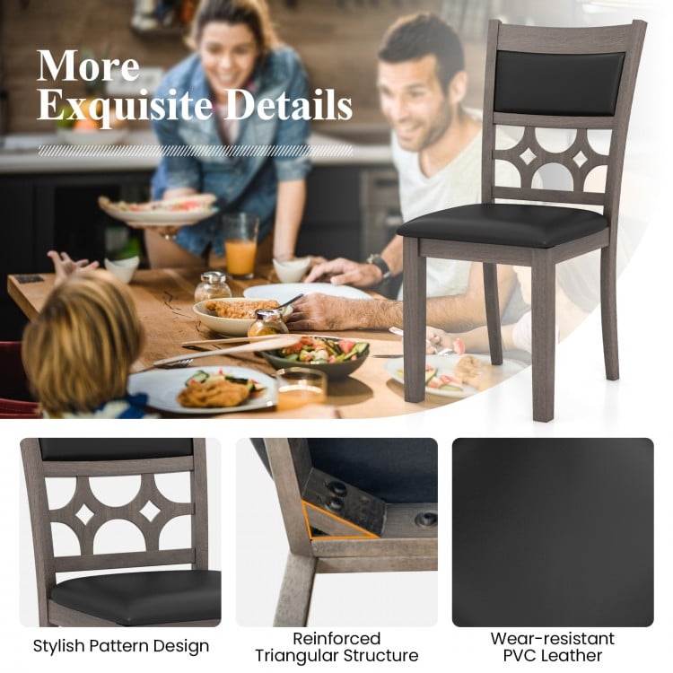Upholstered dining chair with gray padded seat and stylish patterned backrest, ideal for dining room or kitchen use.