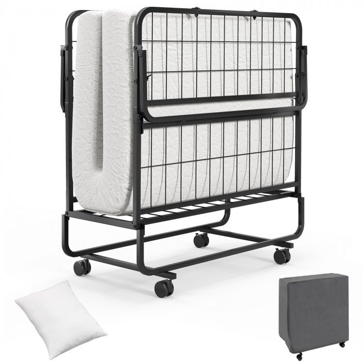 Twin size rollaway guest folding bed with a 4-inch mattress, sturdy frame, and included pillow for convenient storage.