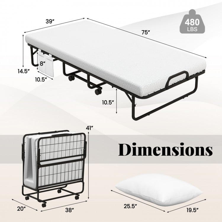 Twin size rollaway folding bed with a 4-inch mattress, heavy-duty frame, and dimensions for easy storage and mobility.