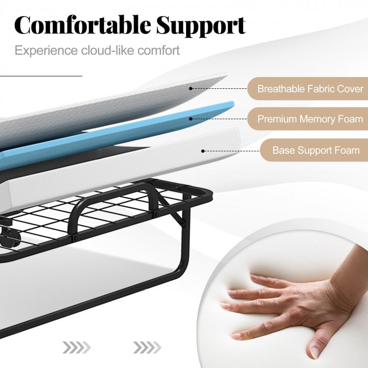 Twin size folding bed with a 4-inch memory foam mattress and sturdy frame, designed for guest comfort and easy mobility.