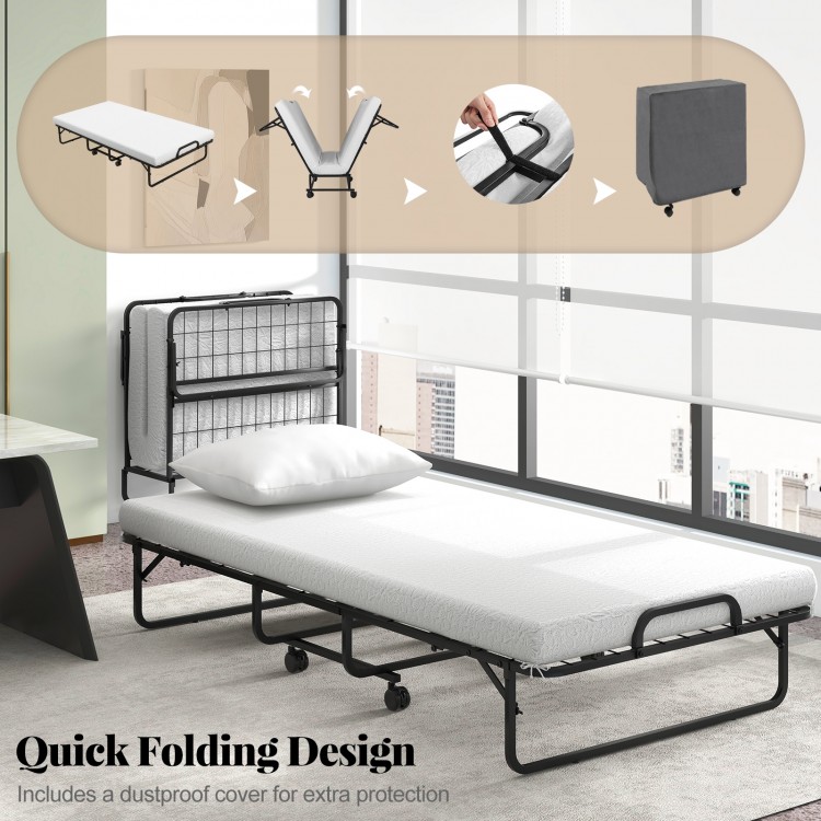Twin size rollaway guest folding bed with a sturdy frame, soft mattress, and dustproof cover for easy storage and.