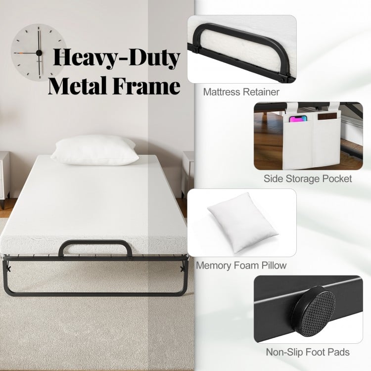 Twin size rollaway guest bed with heavy-duty metal frame, soft-padded mattress, and side storage pocket for convenience.