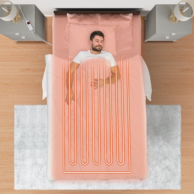 Electric bed warmer in twin size with dual controllers, 9 heat settings, and machine washable for easy care.