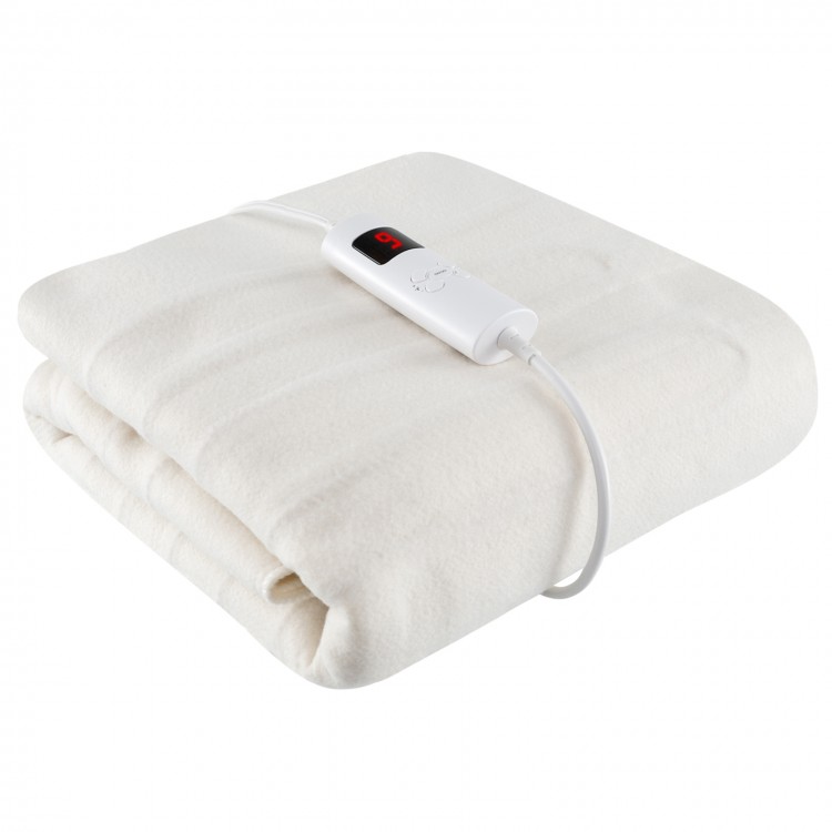 Folded machine washable electric bed warmer in white with dual controller and 9 heat settings for personalized comfort.