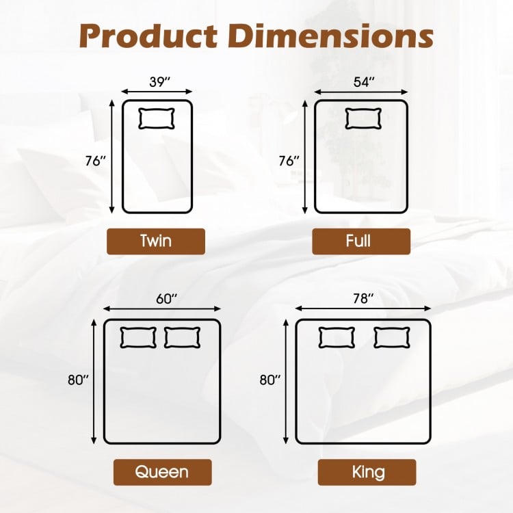 Product dimensions for the Twin size machine washable electric bed warmer with dual controller and 9 heat settings.