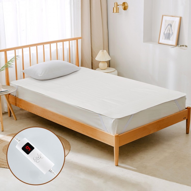 Electric bed warmer for twin size mattress with dual controllers, 9 heat settings, and machine washable design for easy.