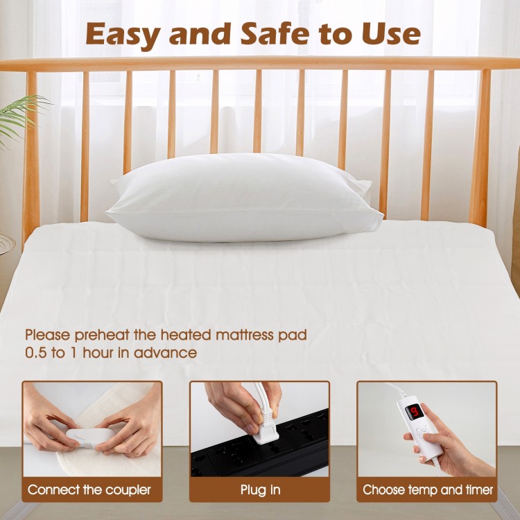 Electric bed warmer with dual controllers, 9 heat settings, and auto-off feature for personalized comfort on a twin.