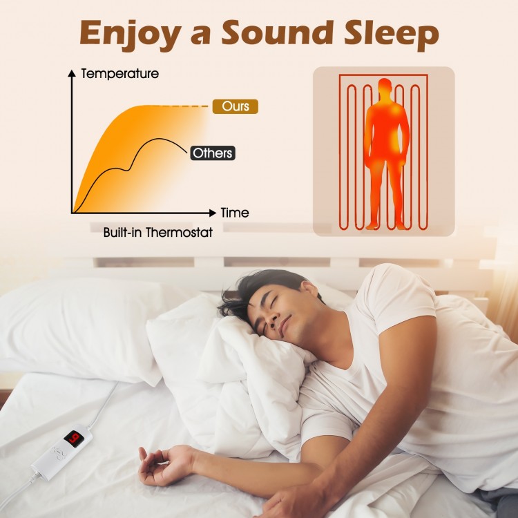 Electric bed warmer with dual controllers, 9 heat settings, and built-in thermostat for personalized comfort and safety.
