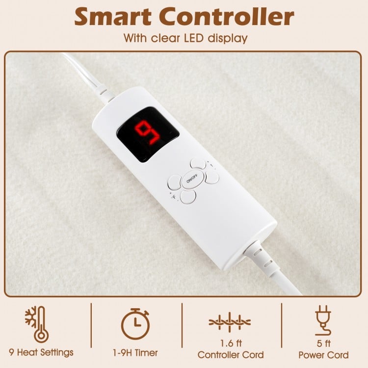 Smart controller for electric bed warmer with LED display, featuring 9 heat settings and 9-hour auto-off function.