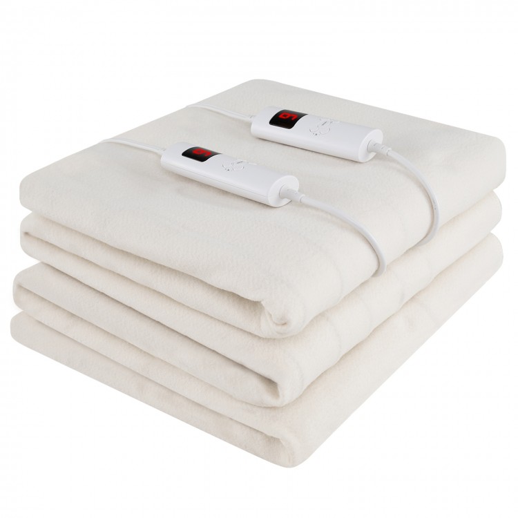 Queen size electric bed warmer in soft fabric with dual controllers, 9 heat settings, and 9-hour auto-off feature.