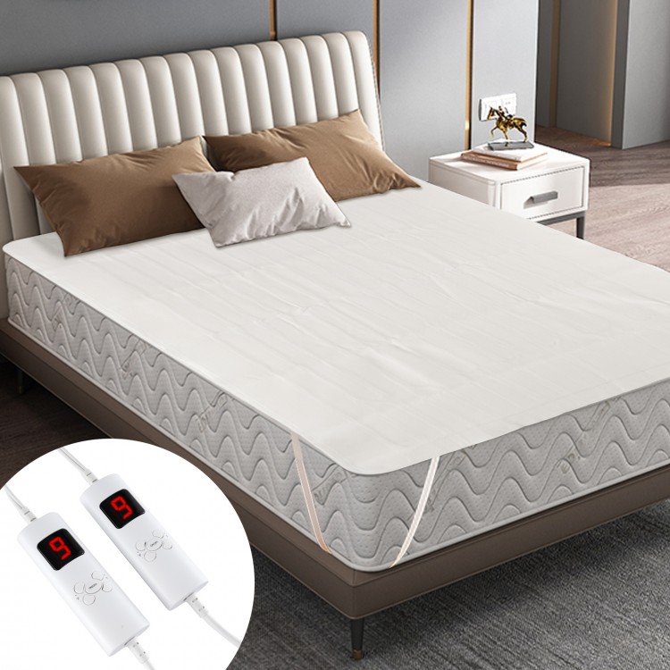 Queen size machine washable electric bed warmer with dual controllers and 9 heat settings for personalized comfort.