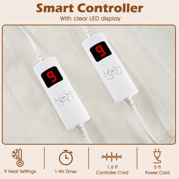Dual controllers with LED display for the electric bed warmer, featuring 9 heat settings and 9-hour auto-off for safe.