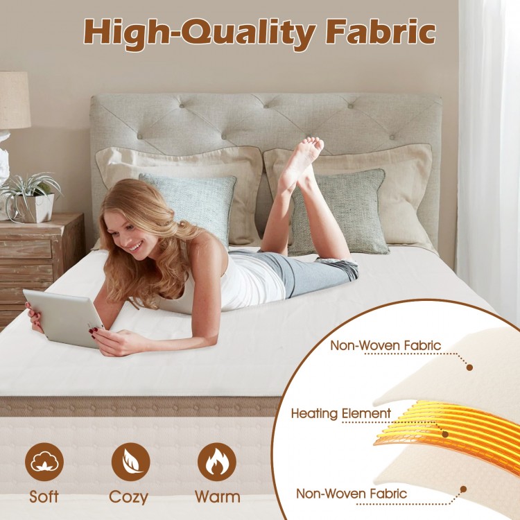 Electric bed warmer with dual controllers, 9 heat settings, and soft non-woven fabric for cozy, personalized comfort.
