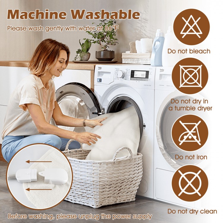 Machine washable electric bed warmer with dual controller, 9 heat settings, and 9-hour auto-off for queen size mattress.