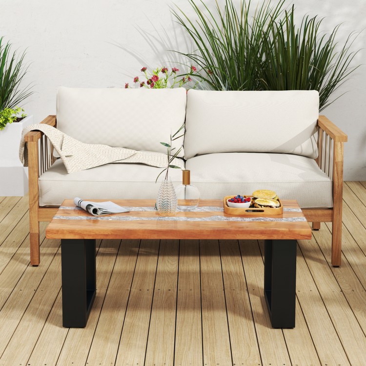 Teak wood patio table with river feel epoxy tabletop, spacious design for snacks and drinks, ideal for indoor or.