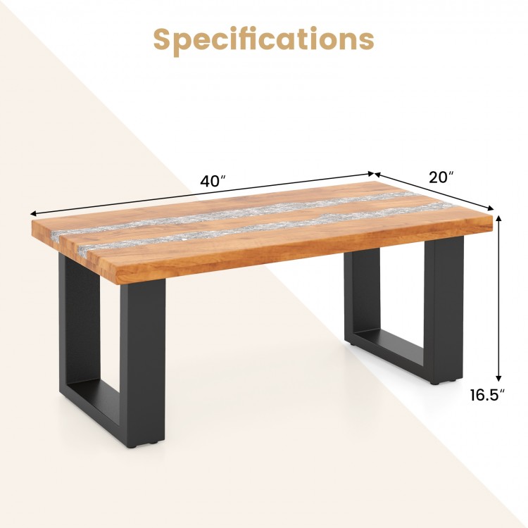 Teak wood patio table with river feel epoxy tabletop, measuring 40" x 20" x 16.5", ideal for indoor or outdoor use.