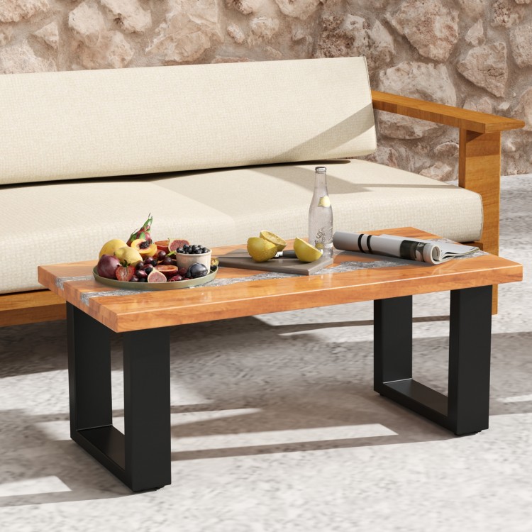 Teak wood patio table with river feel epoxy tabletop, showcasing a unique design and easy-to-clean surface for.