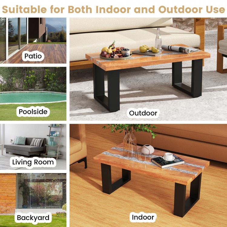 Teak wood patio table with river feel epoxy tabletop, suitable for indoor and outdoor use, featuring a spacious design.
