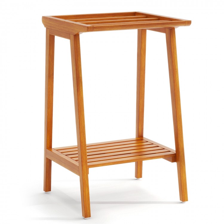 Freestanding towel rack made of premium Indonesian teak with a storage shelf, perfect for bathrooms and pools.