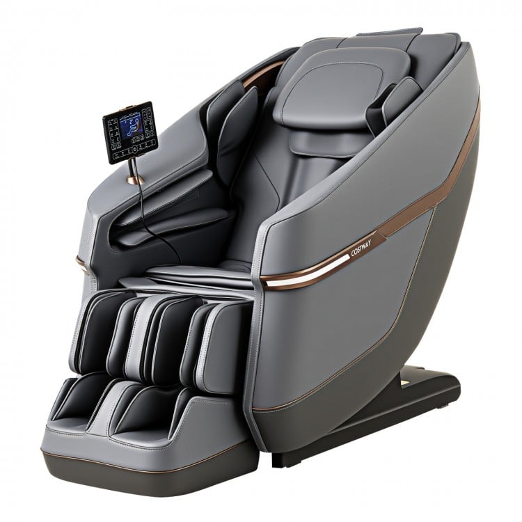 Full body zero gravity massage chair in gray with touch screen, featuring SL track and multiple massage modes for.