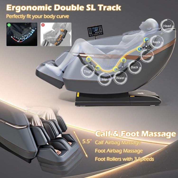 Full body zero gravity massage chair in gray with ergonomic SL track, featuring calf and foot massage functions.