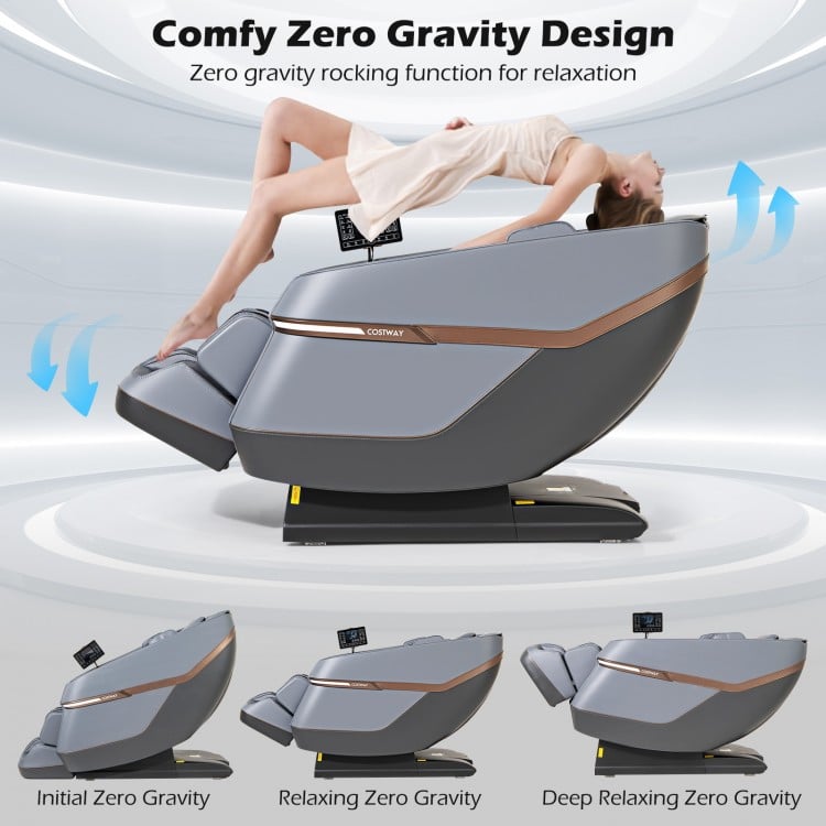 Full body zero gravity massage chair in gray with touch screen, featuring a one-touch rocking function for relaxation.