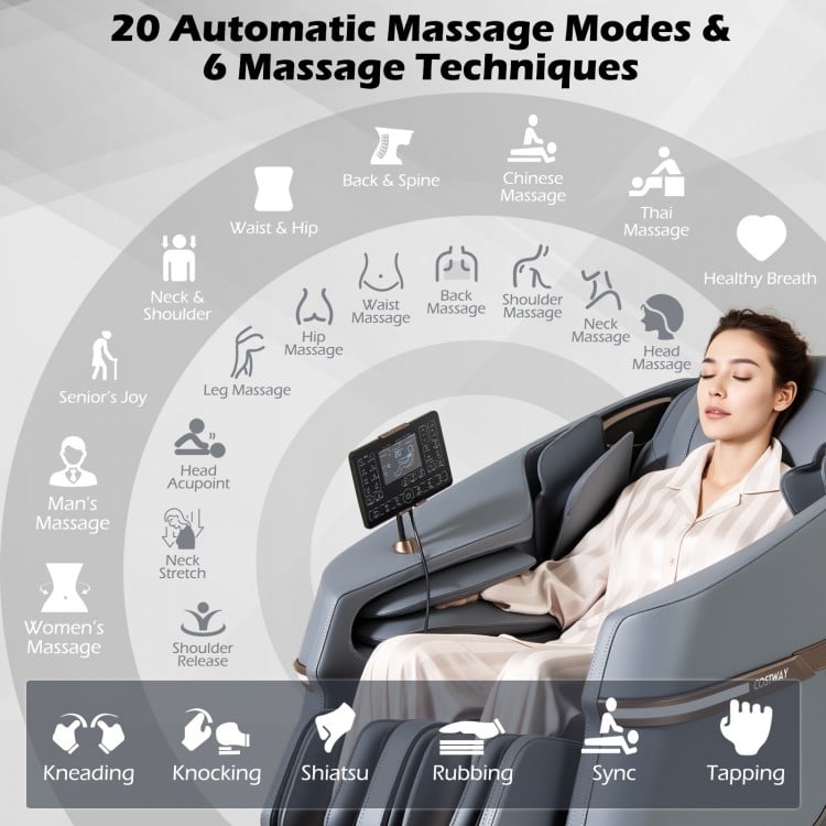 Full body zero gravity massage chair in gray with touch screen, featuring 20 massage modes and 6 techniques for.