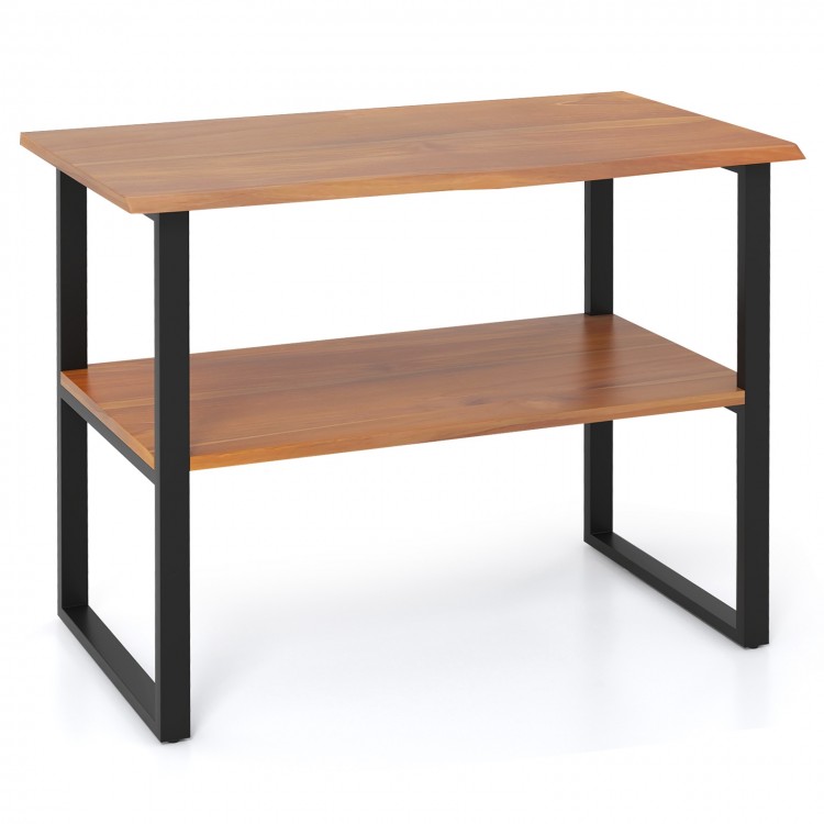 Teak wood 2-tier end table with open shelves, perfect for living room or hallway storage and easy maintenance.