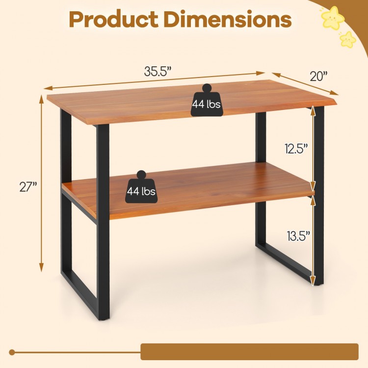 2-tier teak wood end table with open shelves, measuring 35.5" x 20" x 27", ideal for living room or hallway use.