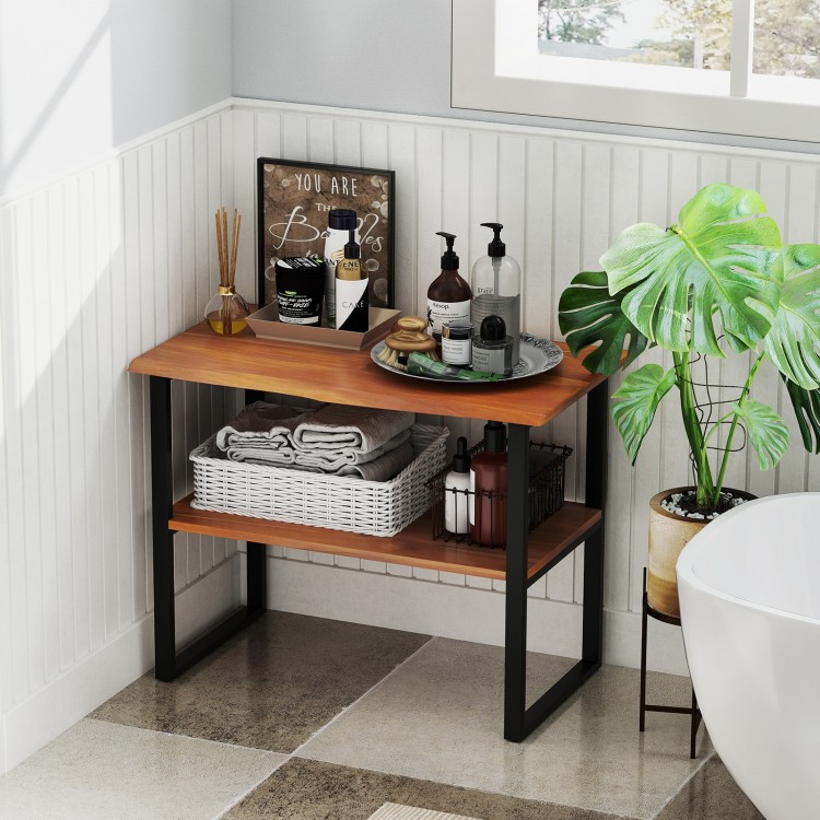 2-tier teak wood end table with open shelves, perfect for living room or hallway storage and easy maintenance.