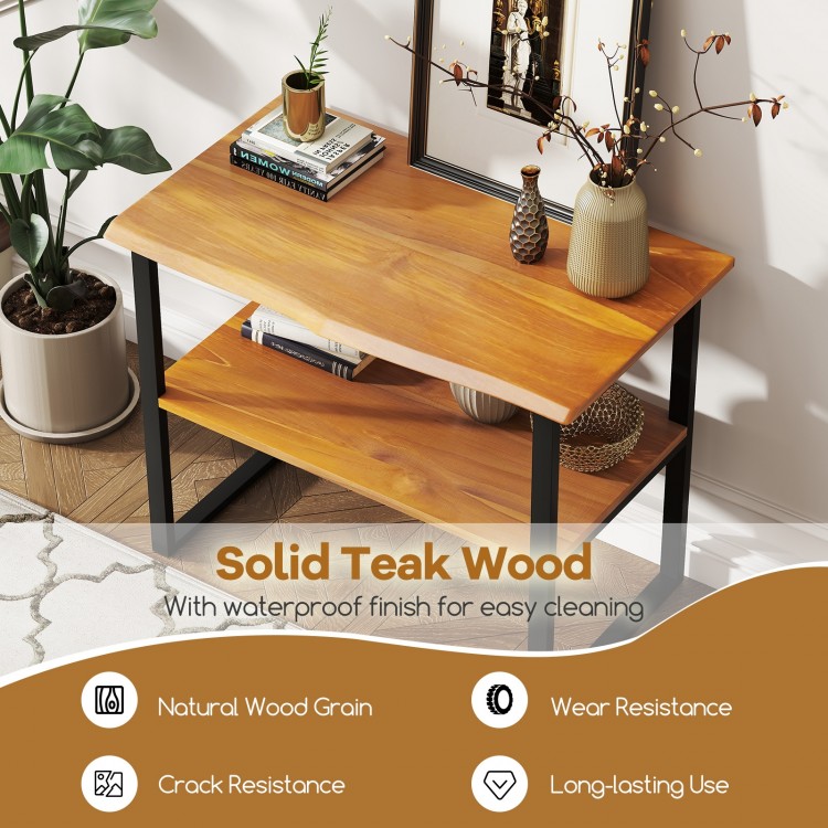 2-tier teak wood end table with natural wood grain, waterproof finish, perfect for living room or hallway use.