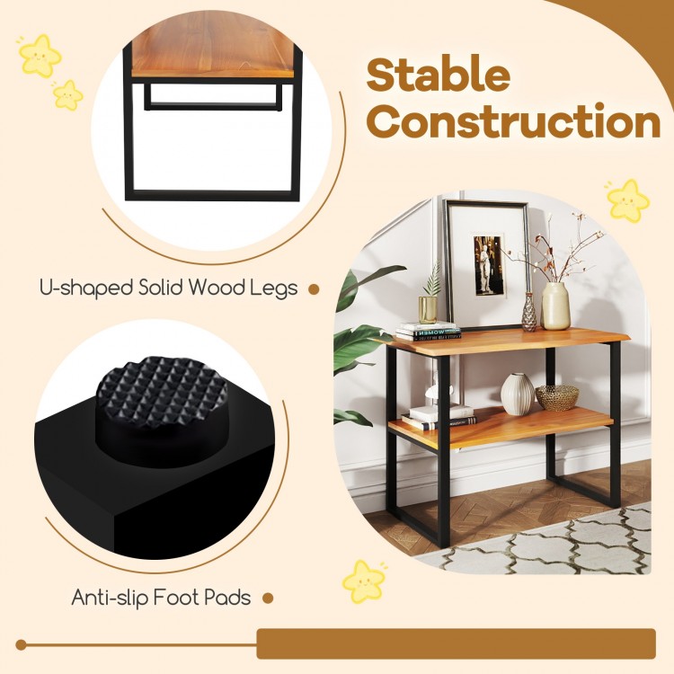 2-tier teak wood end table with U-shaped solid wood legs and anti-slip foot pads, ideal for living room or hallway use.