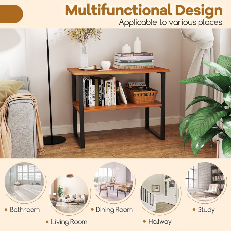 2-tier teak wood end table with open shelves, ideal for living room or hallway, featuring a waterproof surface and.