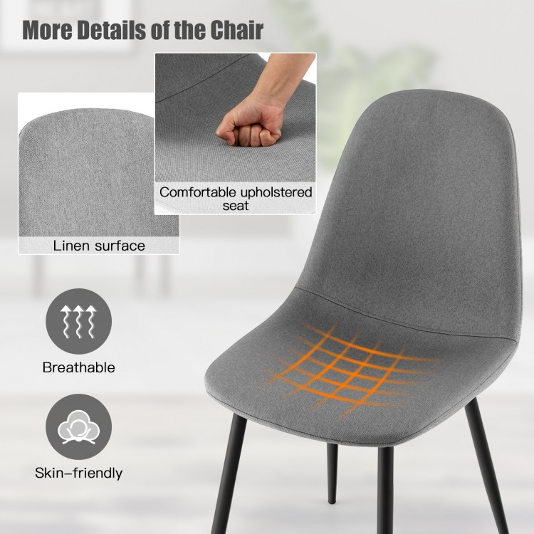 Gray dining chair with foam upholstery and breathable linen surface, featuring ergonomic design for comfort and.