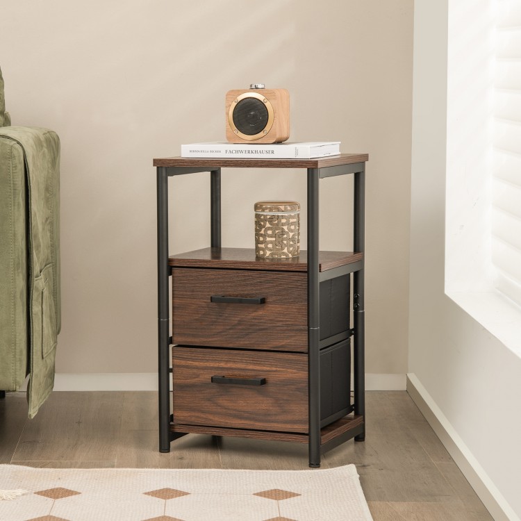 Bedside table with removable fabric drawers and metal frame in walnut finish, ideal for bedroom or living room storage.